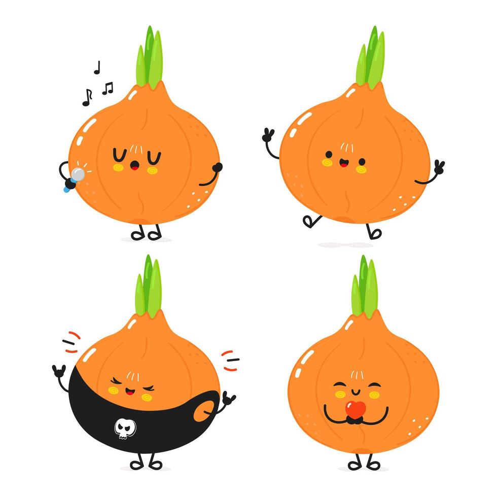 Funny Onion characters bundle set. Vector hand drawn doodle style cartoon character illustration icon design. Cute Onion mascot character collection