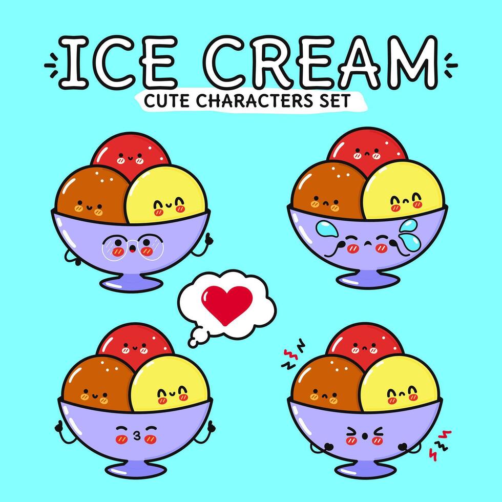Funny cute happy Ice cream characters bundle set. Vector hand drawn doodle style cartoon character illustration. Isolated on blue background. Ice cream sundae mascot character collection
