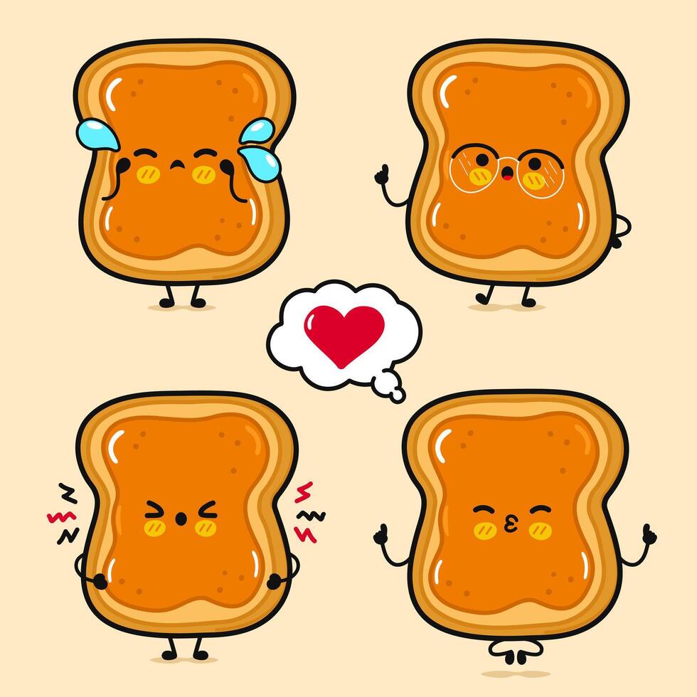Happy Toast piece of bread with peanut butter characters bundle set. Vector hand drawn doodle style cartoon character. Isolated brown background. Toast piece of bread with peanut butter character