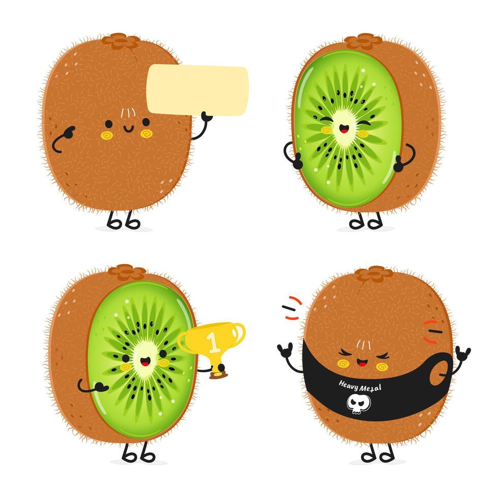 Funny Kiwi fruit characters bundle set. Vector hand drawn doodle style cartoon character illustration icon design. Cute Kiwi fruit mascot character collection