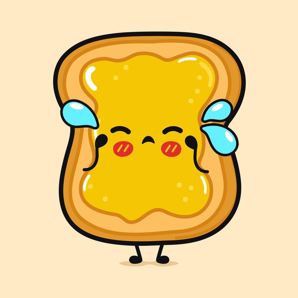 Crying Toast with honey character. Vector hand drawn cartoon kawaii character illustration icon. Isolated on brown background. Toast with honey character
