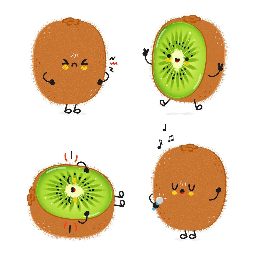 gracioso kiwi Fruta caracteres haz colocar. vector mano dibujado garabatear estilo dibujos animados personaje ilustración icono diseño. linda kiwi Fruta mascota personaje colección