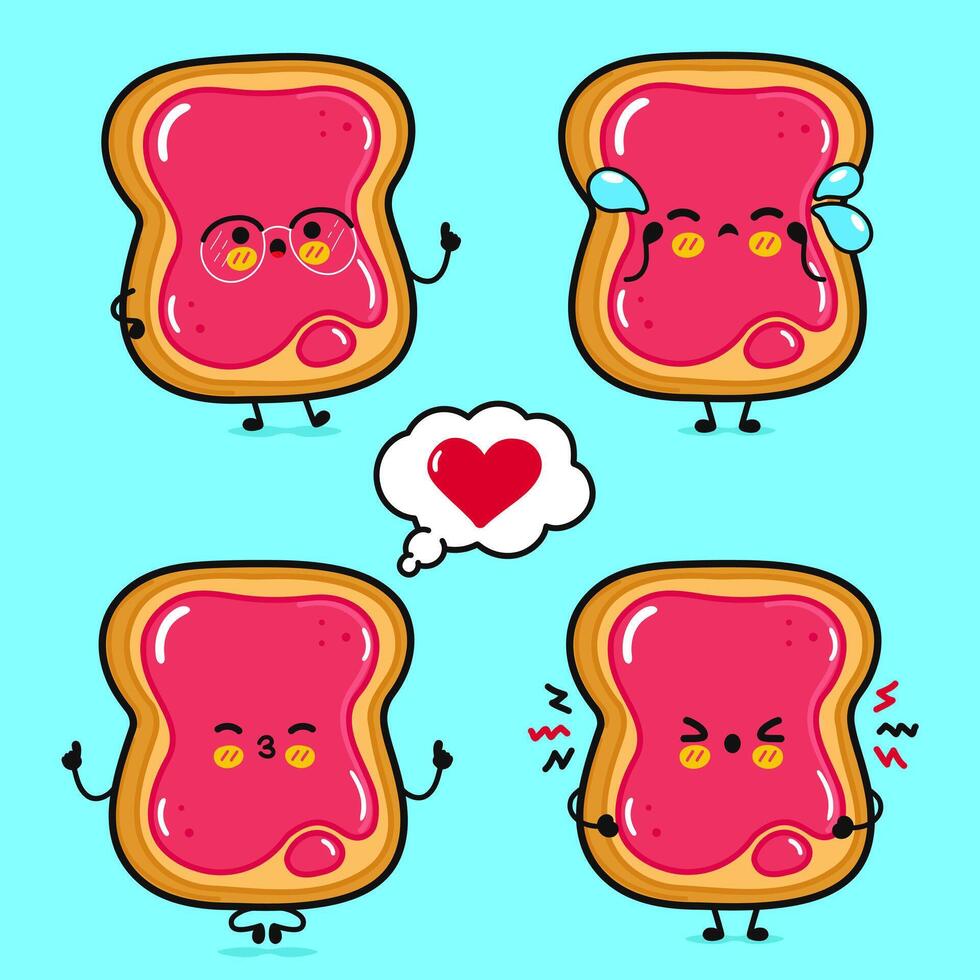 Funny cute happy Toast piece of bread with jam characters bundle set. Vector hand drawn doodle style cartoon character illustration. Isolated blue background. Toast piece of bread with jam character