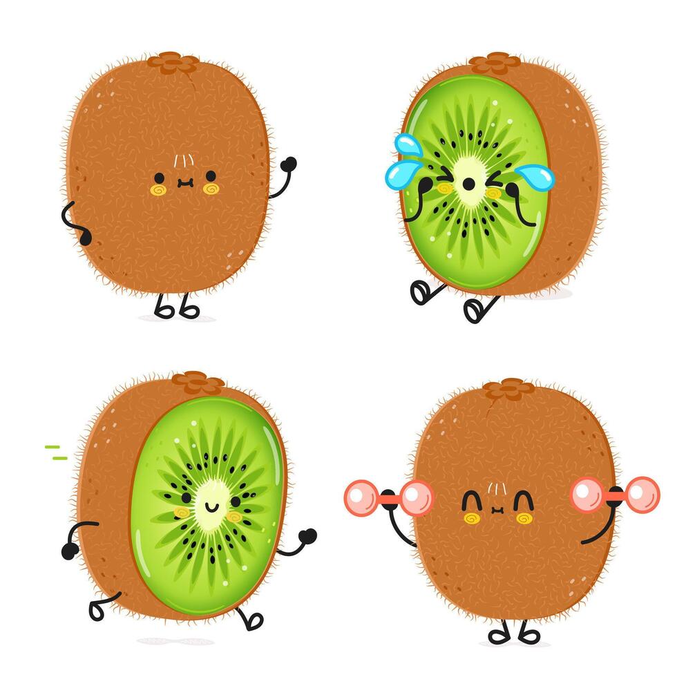 Funny Kiwi fruit characters bundle set. Vector hand drawn doodle style cartoon character illustration icon design. Cute Kiwi fruit mascot character collection