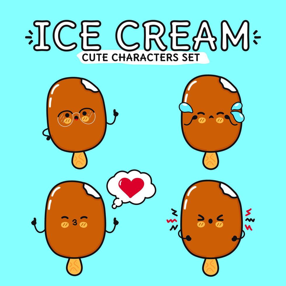 Funny cute happy Ice cream sundae characters bundle set. Vector hand drawn doodle style cartoon character illustration. Isolated on blue background. Ice cream sundae mascot character collection
