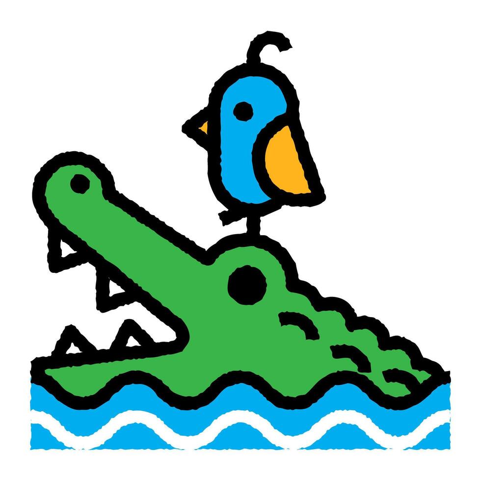 cocodrilo y pájaro dibujos animados poner áspero lleno contorno icono vector