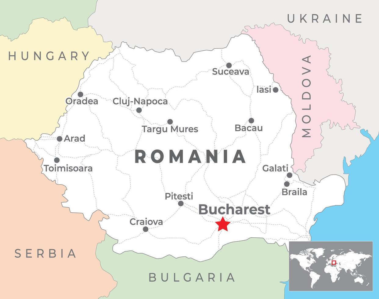 Romania map with capital Bucharest, most important cities and national borders vector