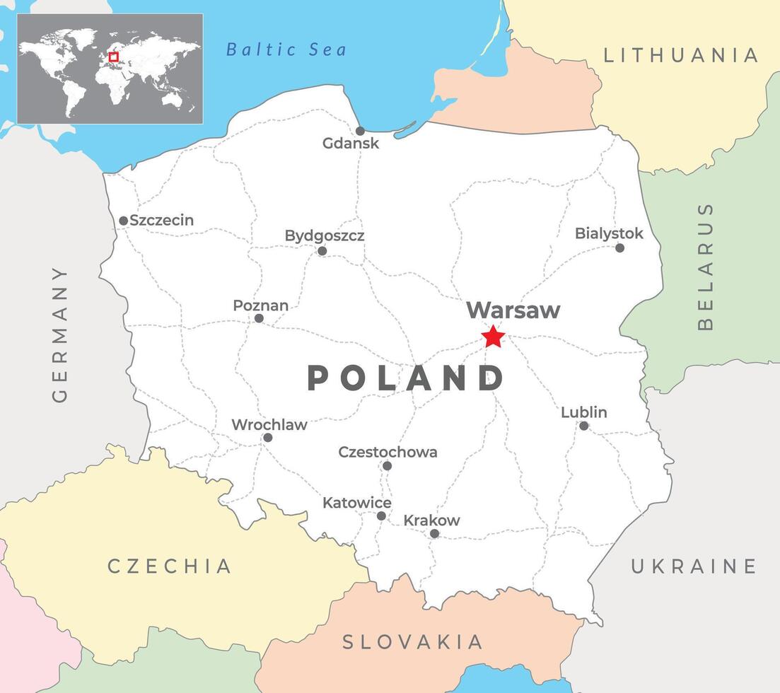 Poland Political Map with capital Warsaw, most important cities and national borders vector