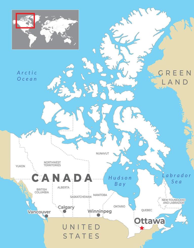 Canada Political Map with capital Ottawa, most important cities and national borders vector