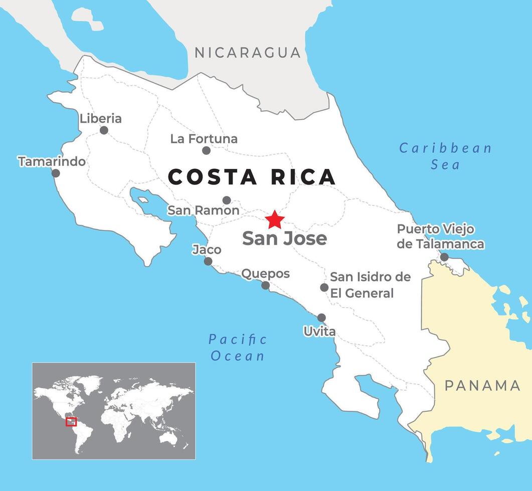 Costa Rica Political Map with capital San Jose, most important cities and national borders vector