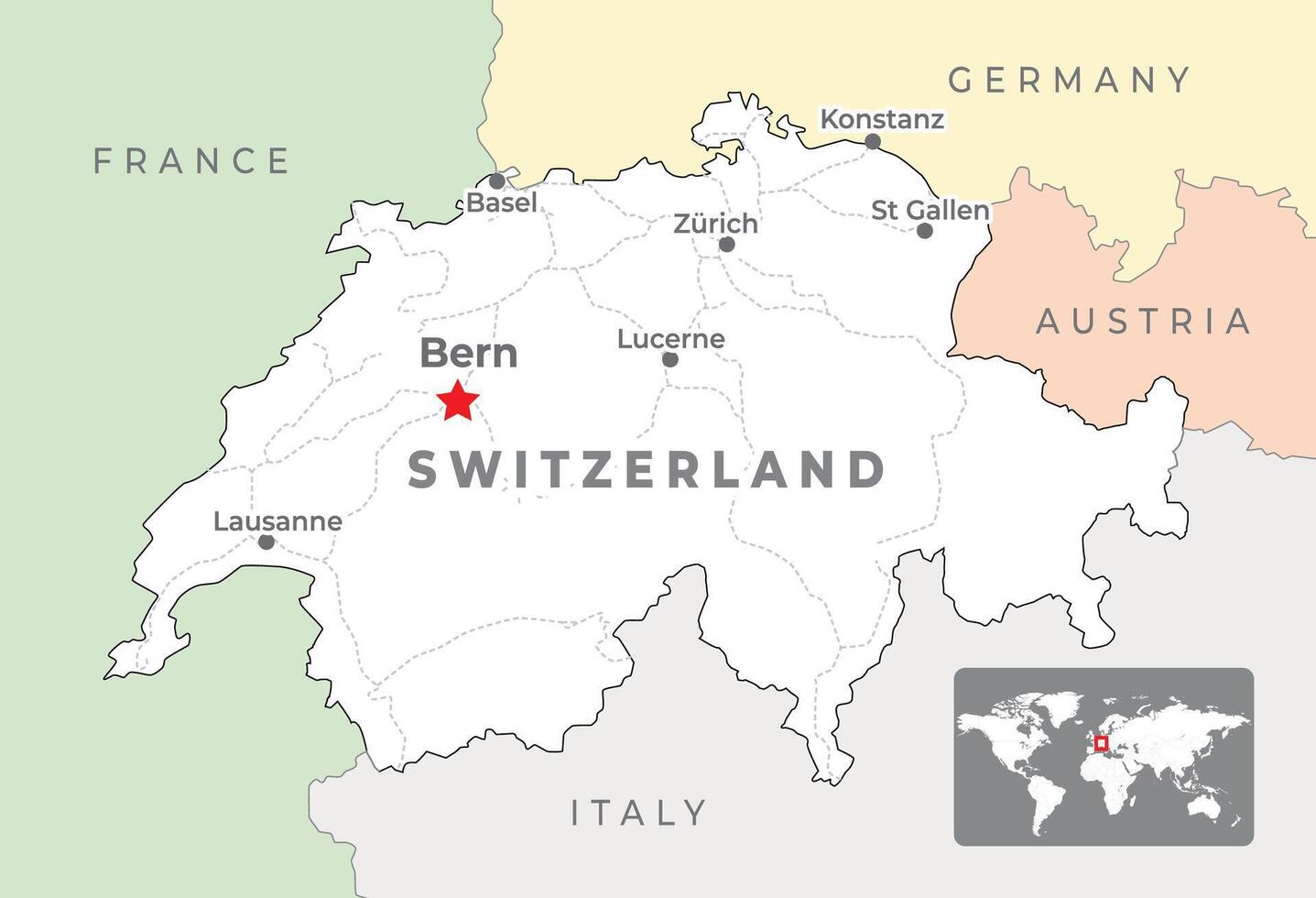 Switzerland Political Map with capital Bern, most important cities and national borders vector