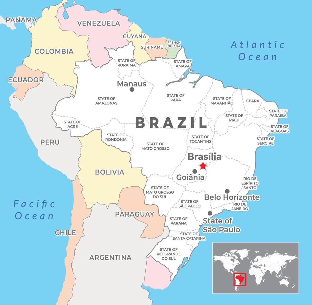 Brasil mapa con capital brasilia, más importante ciudades y nacional fronteras vector