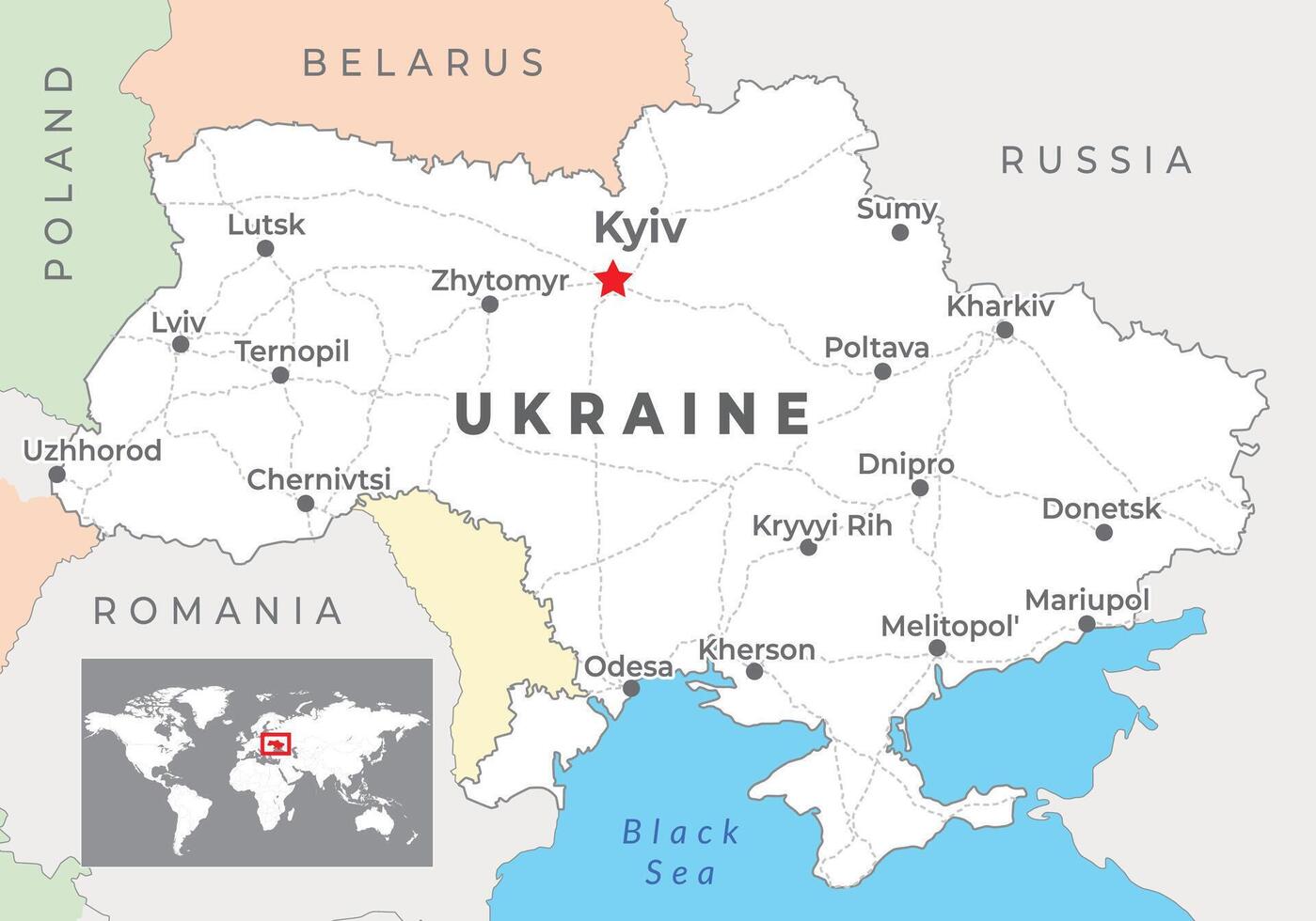 Ucrania político mapa con capital Kyiv, más importante ciudades y nacional fronteras vector
