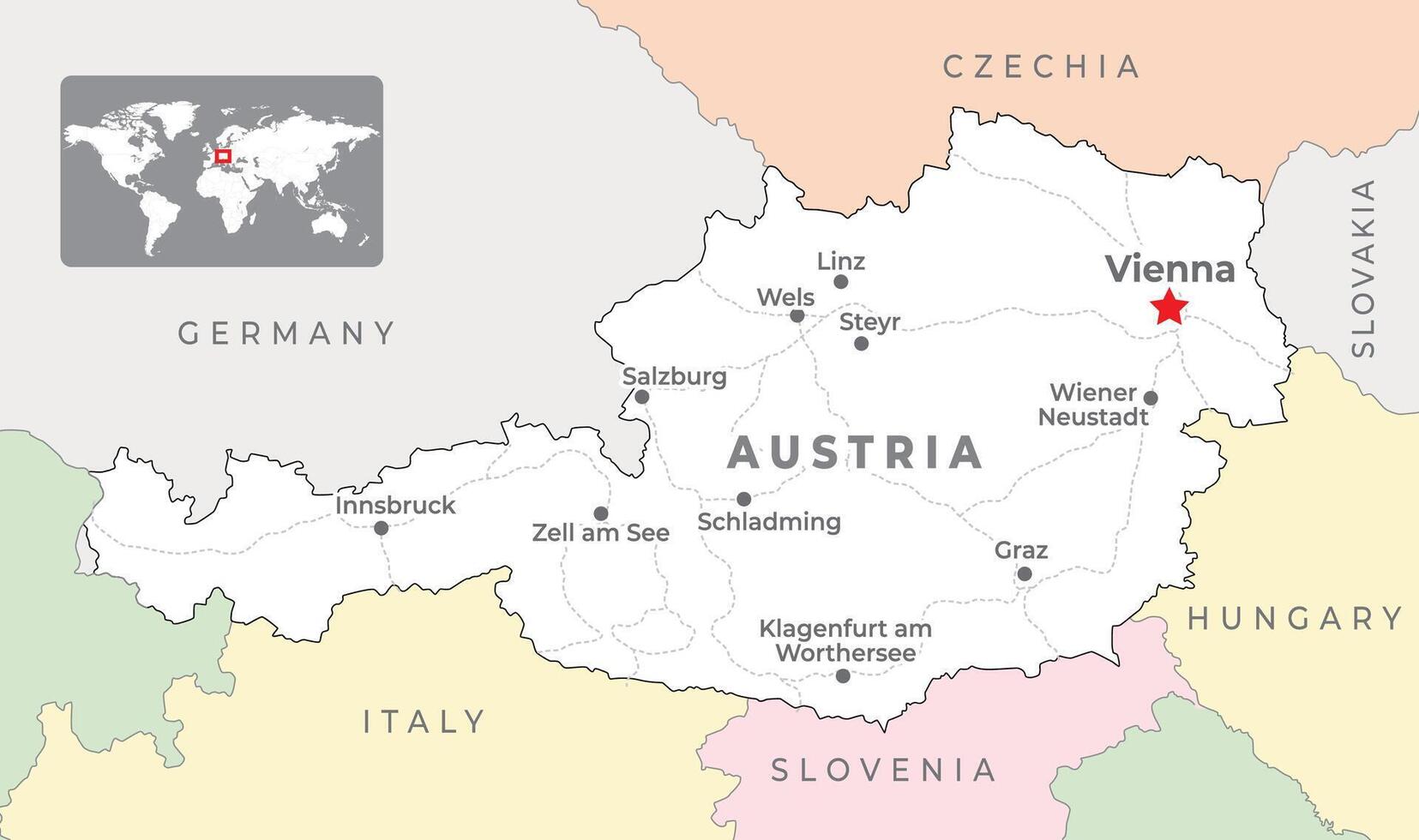Austria, political map, with the capital Vienna, most important cities and national borders vector