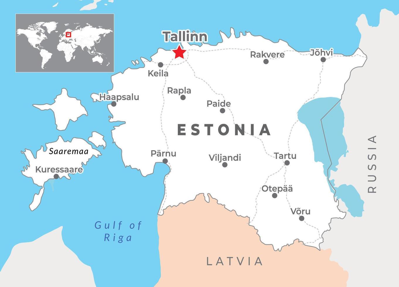 Estonia Political Map with capital Tallinn, most important cities and national borders vector
