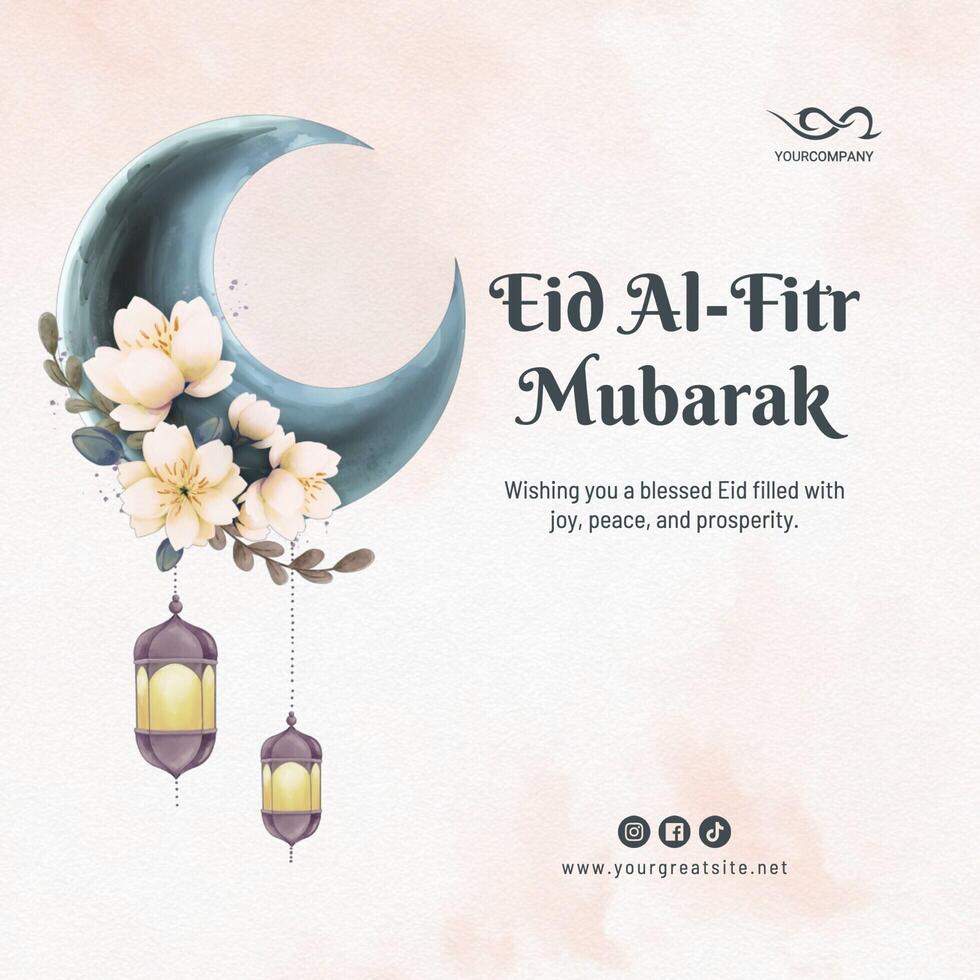 Peach Watercolor Illustration Eid Al-Fitr Linkedin Post template