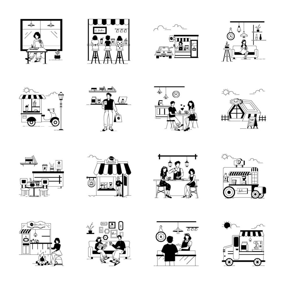 Collection of Street Cafe Linear Illustrations vector