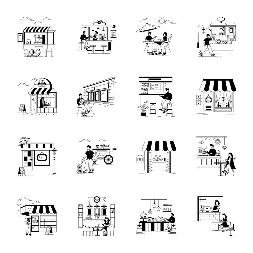 Collection of Coffee and Cafe Shops Linear Illustrations vector