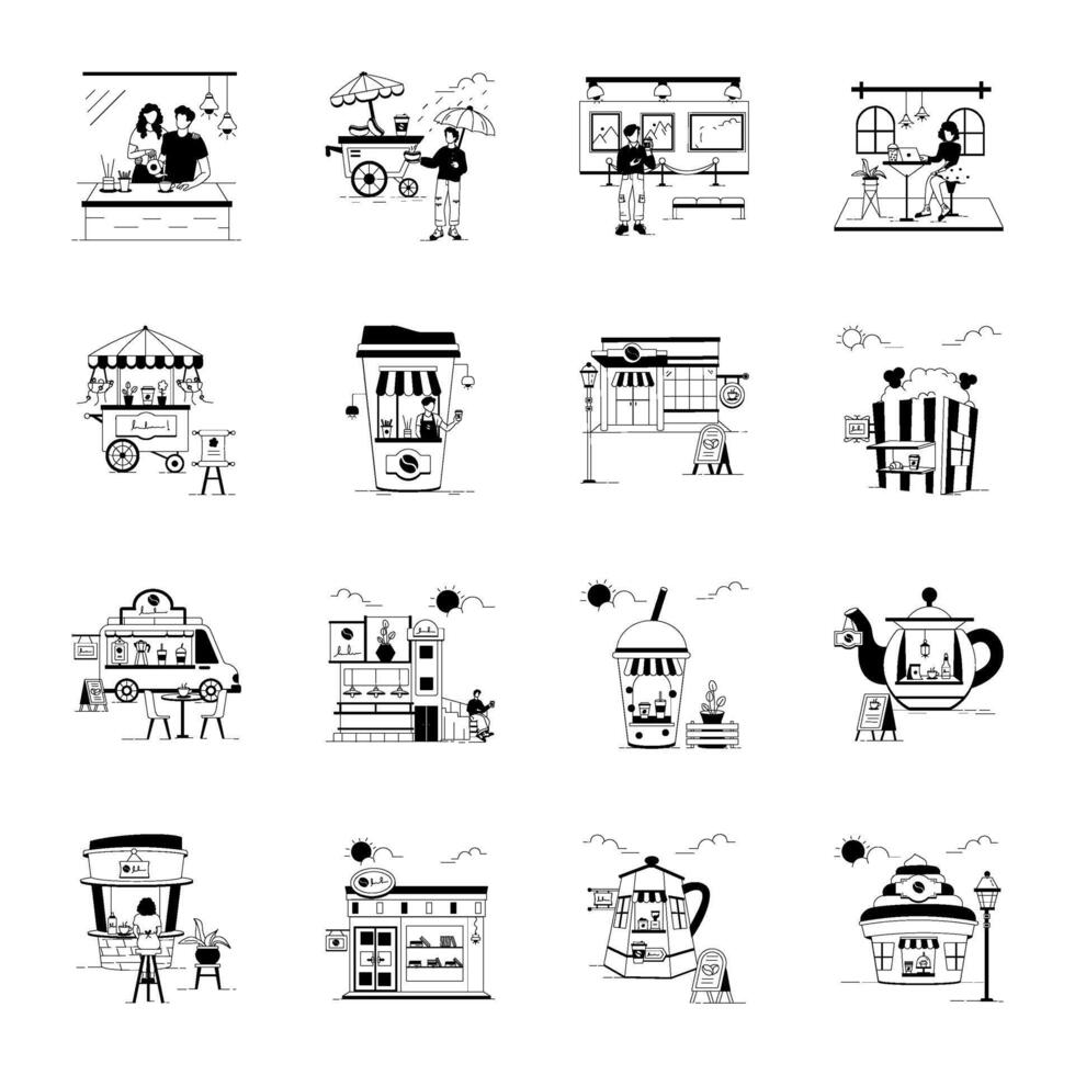 Pack of Roadside Cafe Linear Illustrations vector