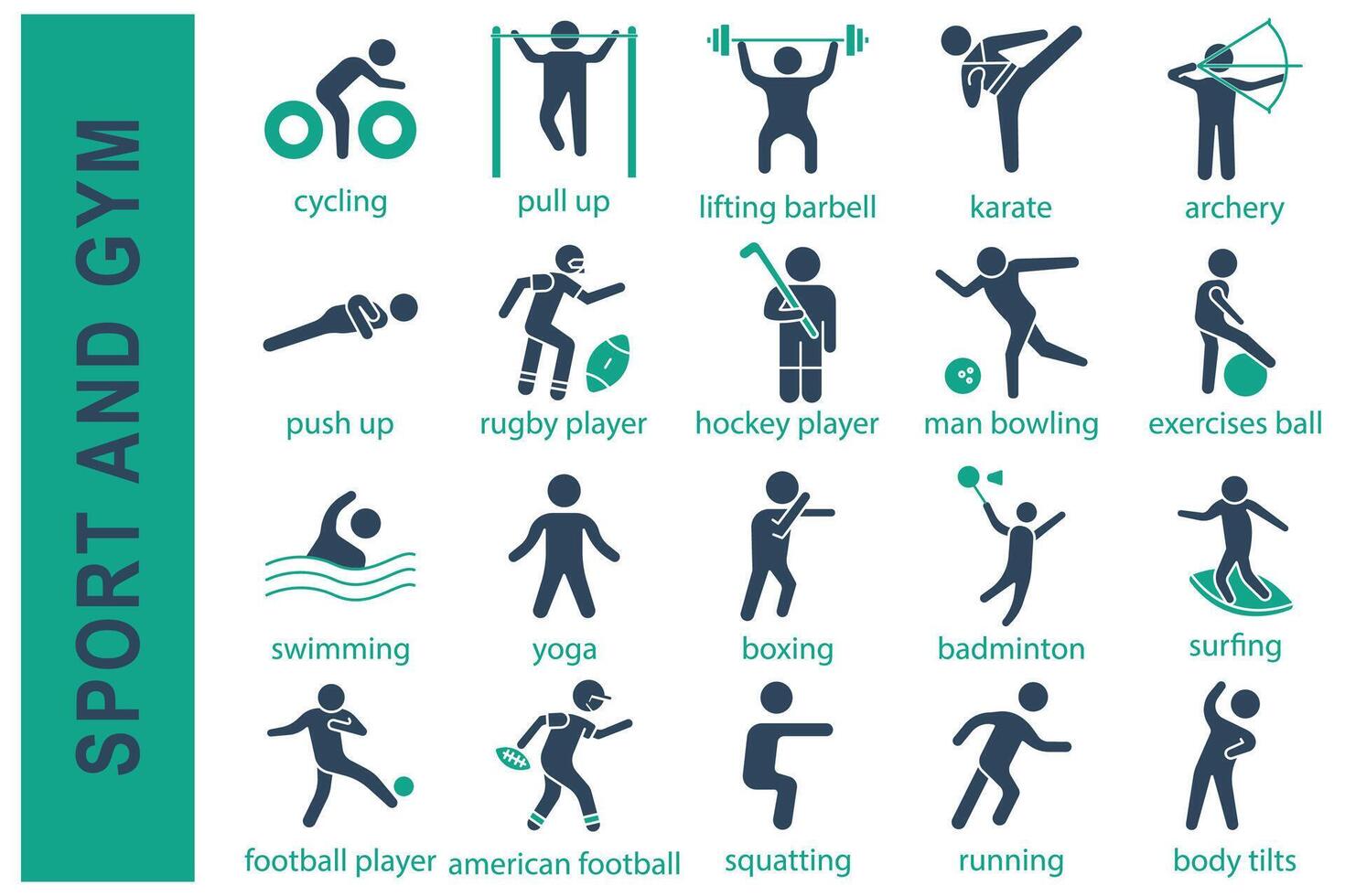 deporte iconos deporte y gimnasio conjunto icono. nadar, yoga, boxeo, bádminton, fútbol americano jugador, rugby jugador, hockey jugador, y más. sólido icono estilo. deporte elemento vector ilustración