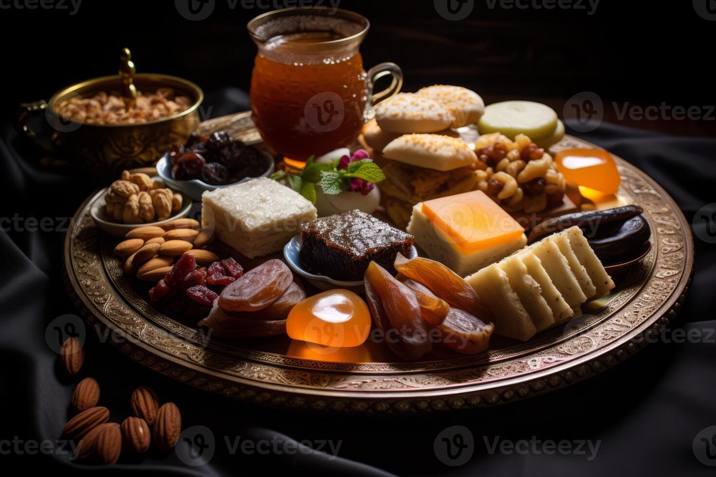 AI generated A traditional Eid Al-Fitr dessert platter. Generative AI photo