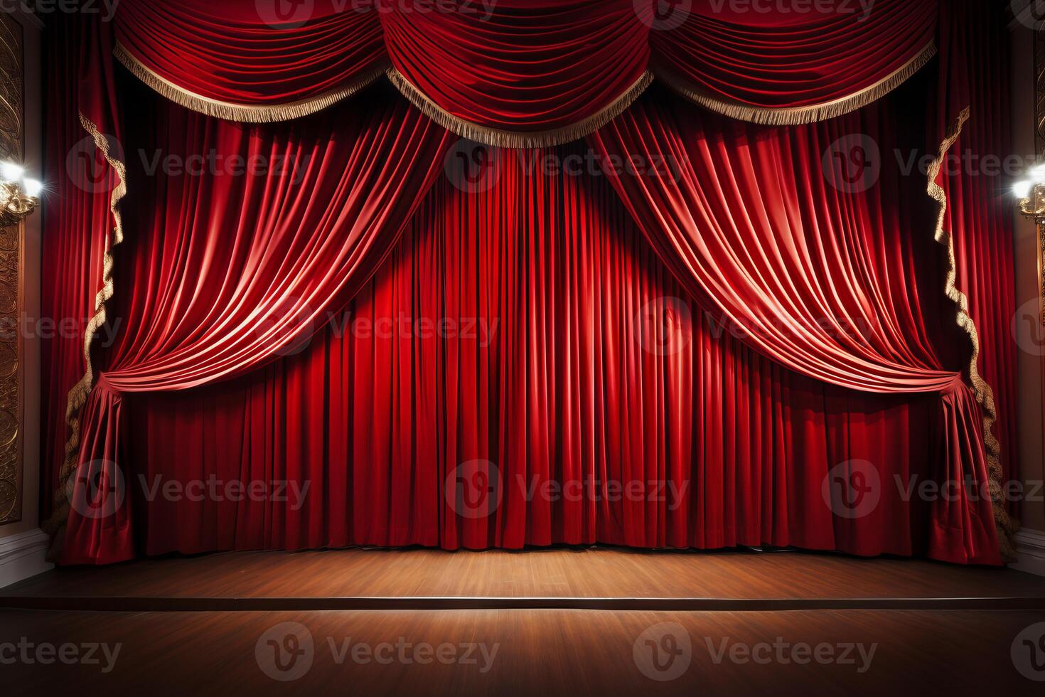 AI generated Theater curtains opening for a grand show. Generative AI photo