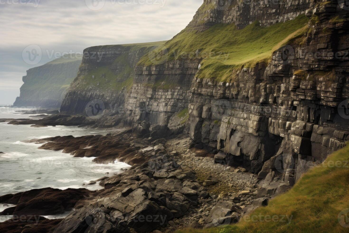 AI generated Coastal cliffs meeting the sea in a rugged and breathtaking scene. Generative AI photo