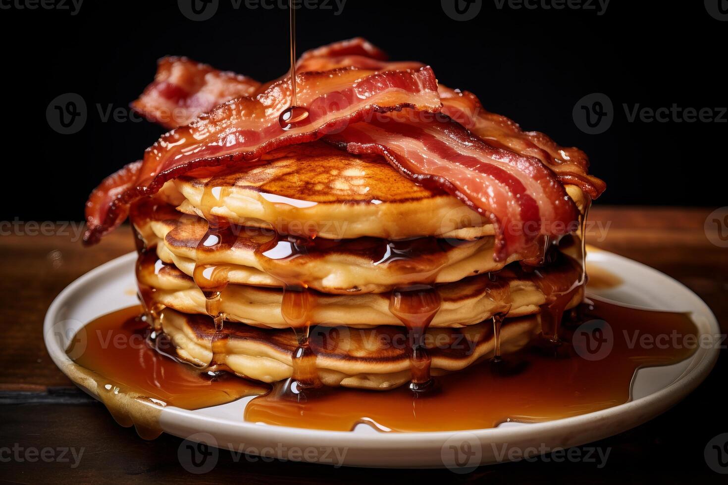 AI generated A stack of bacon pancakes drizzled with maple syrup. Generative AI photo