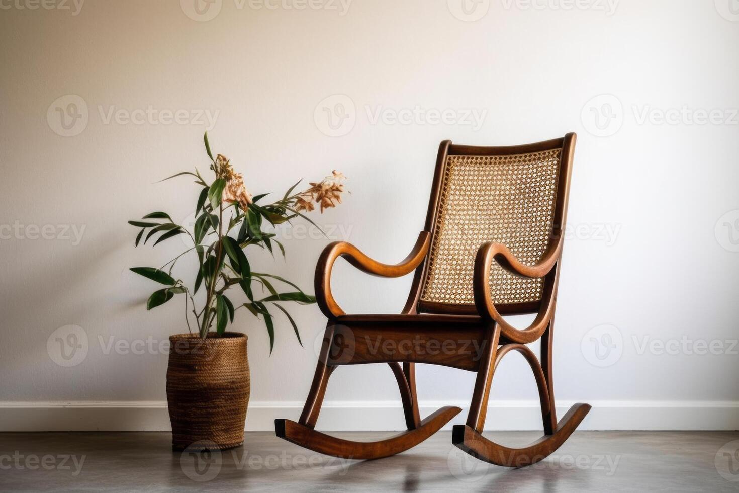 AI generated A vintage wooden rocking chair with woven cane seat. Generative AI photo