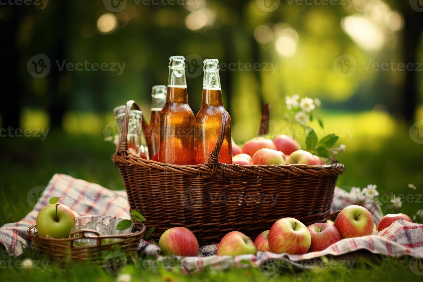 AI generated Basket of apples and cider at a picnic site. Generative AI photo