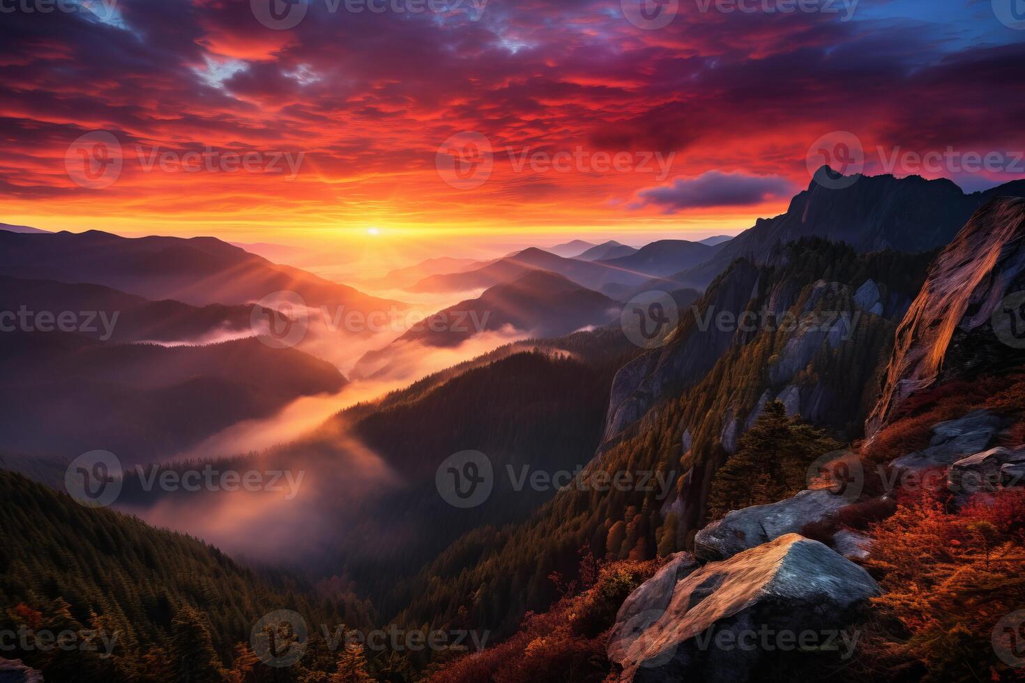 AI generated The dramatic colors of a mountain sunrise. Generative AI photo