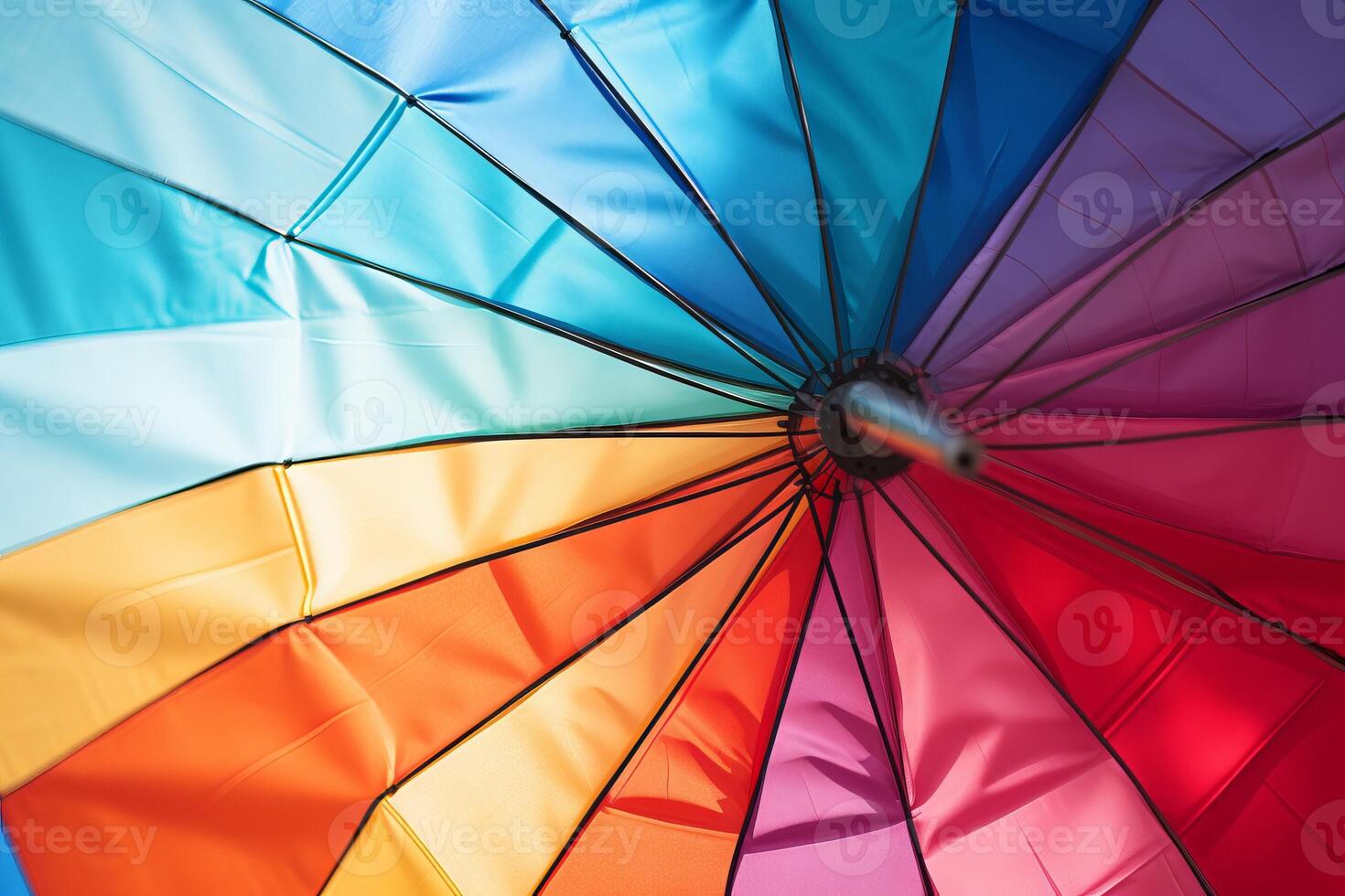 AI generated A close-up of a colorful afternoon beach umbrella. Generative AI photo