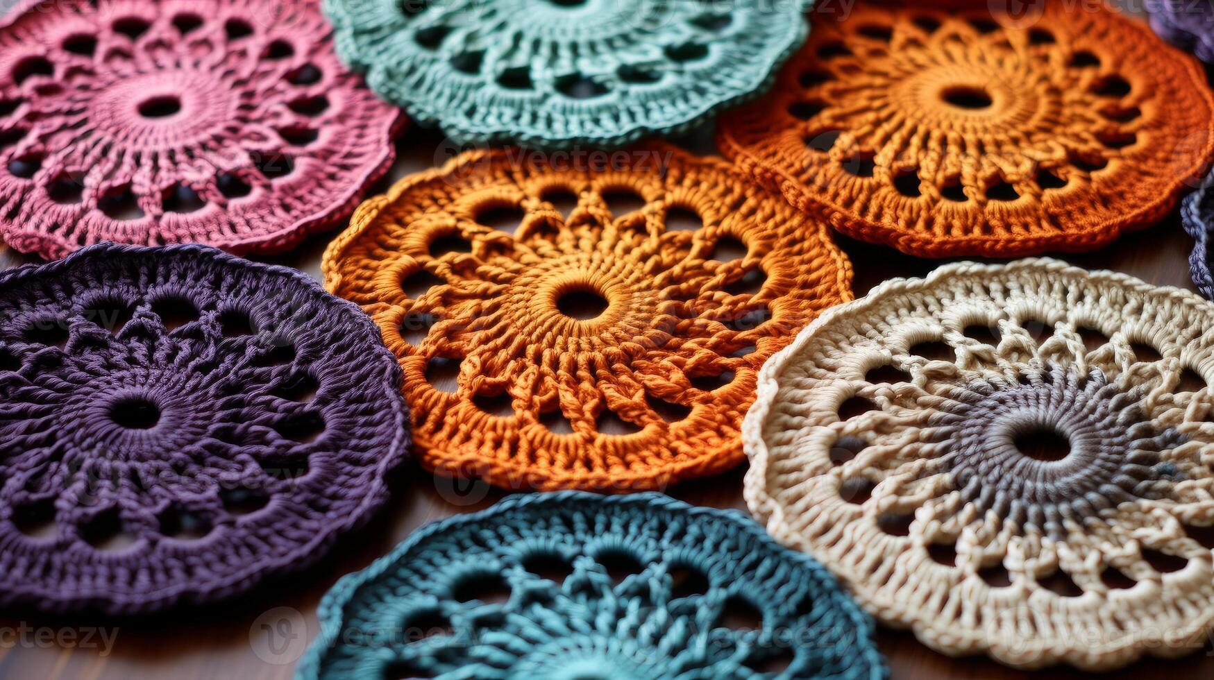 AI generated Crocheted coasters in intricate patterns. Generative AI photo