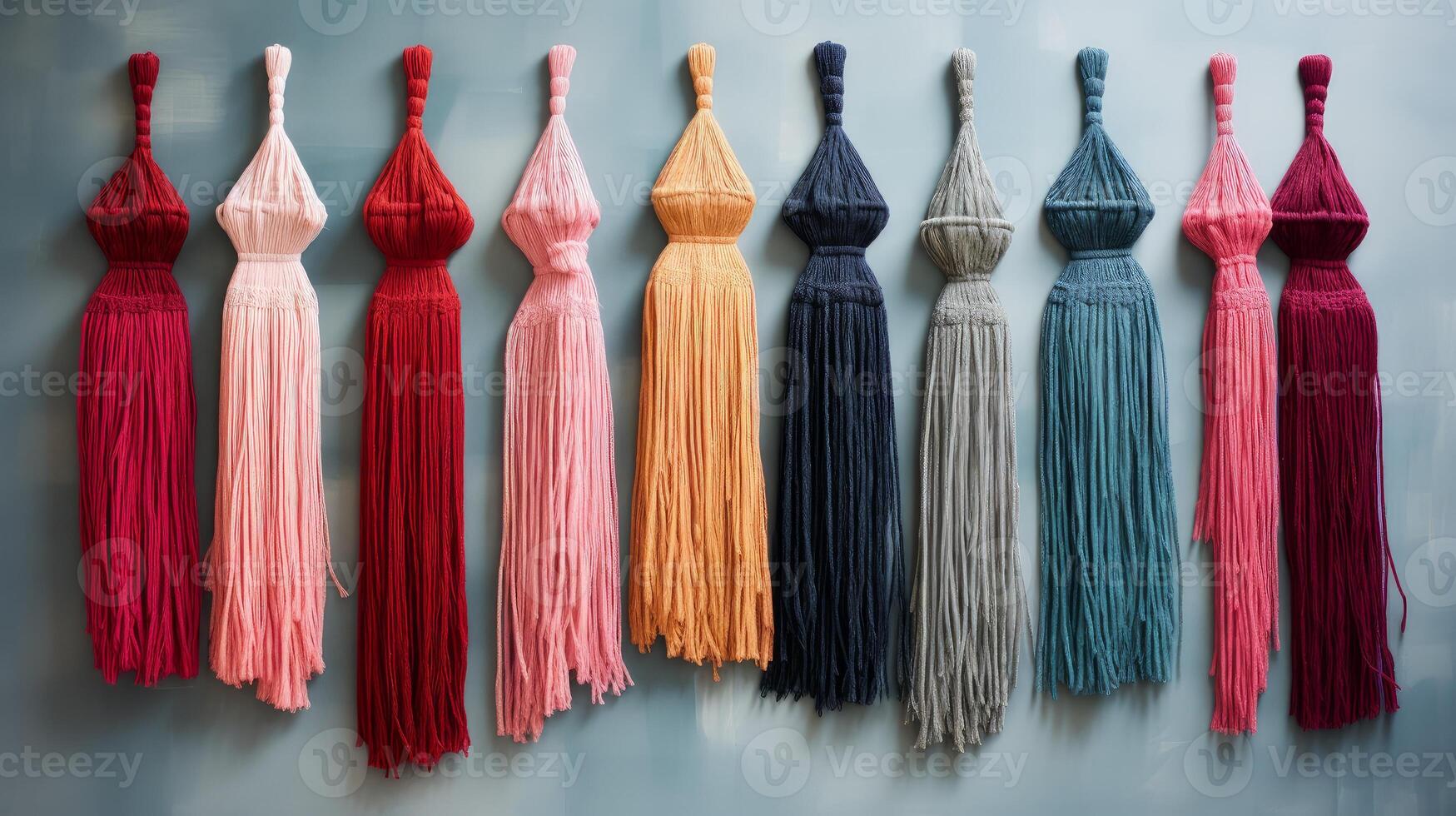 AI generated Yarn tassels hanging from a woven wall hanging. Generative AI photo