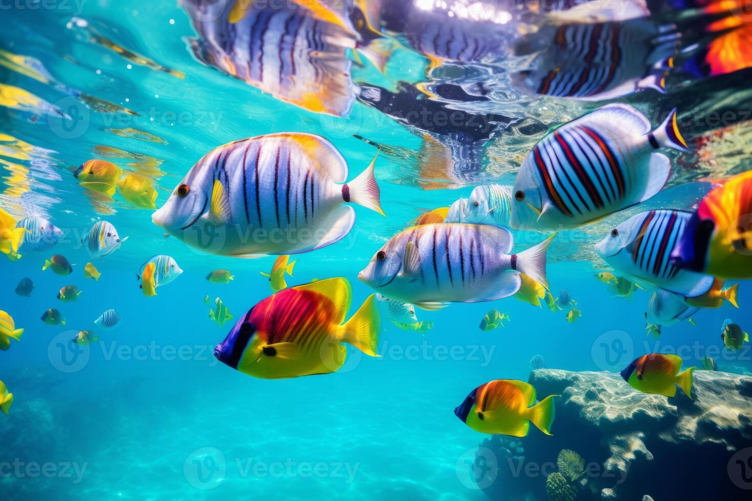 AI generated A school of colorful tropical fish in crystal-clear water. Generative AI photo