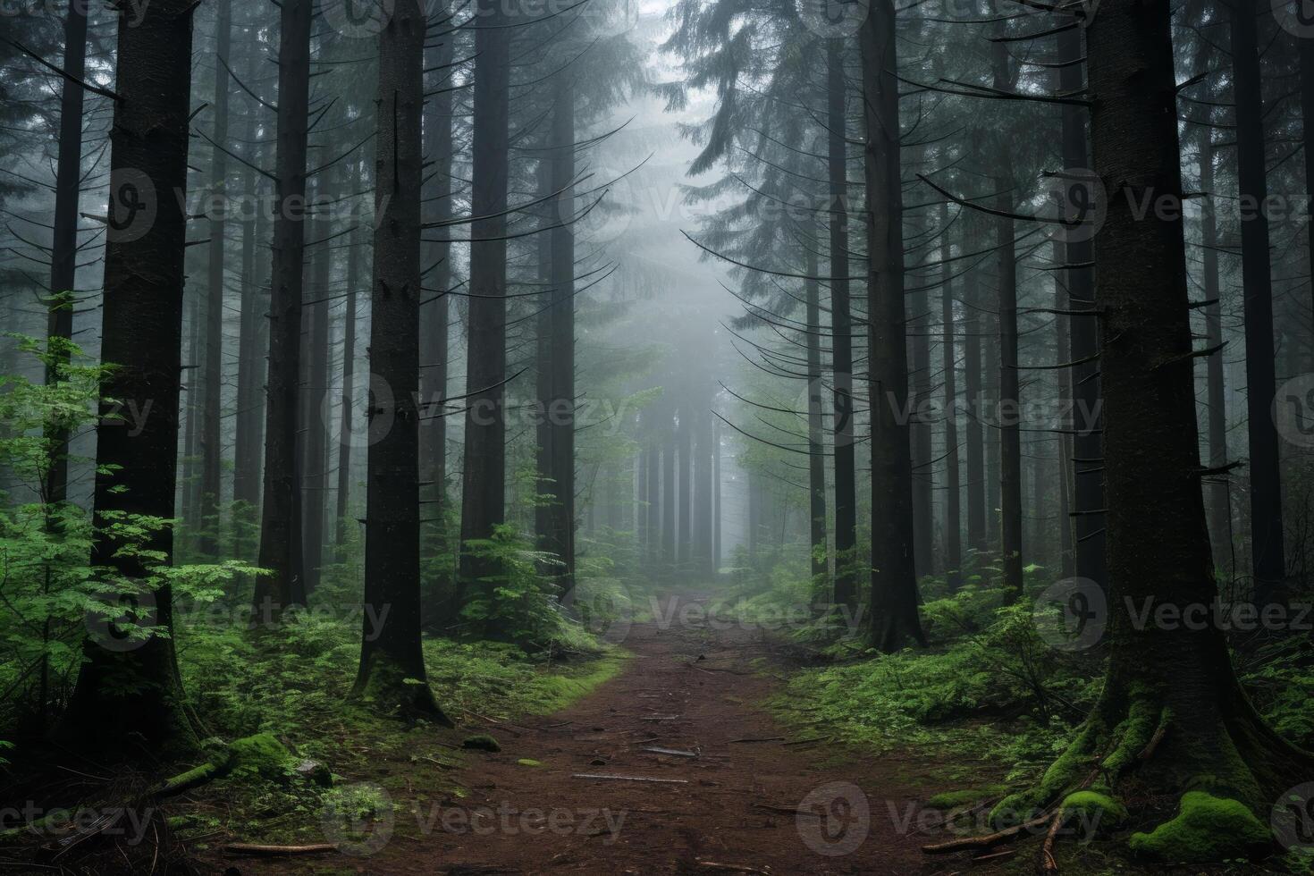 AI generated Fog settling in the forest, creating an air of mystery. Generative AI photo
