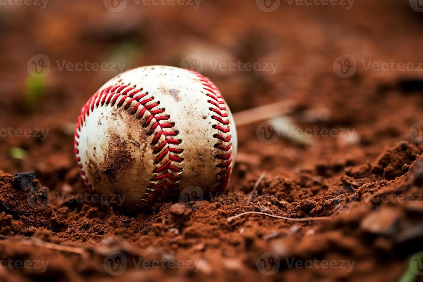 ai generado un de cerca de un béisbol en el suciedad. generativo ai foto