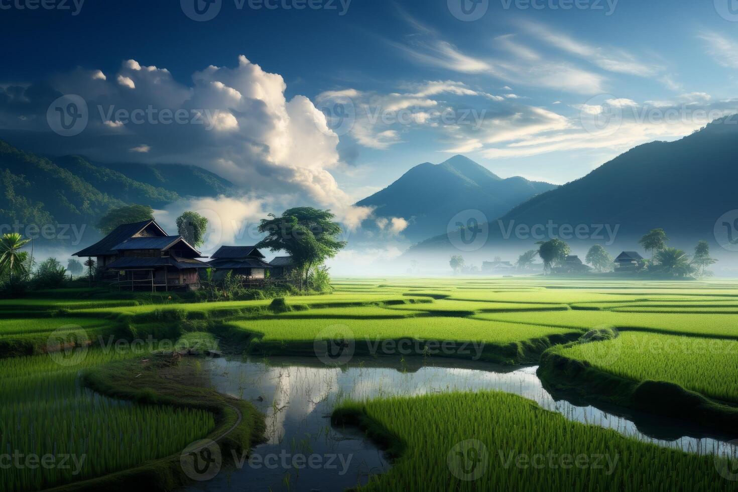 AI generated Peaceful countryside scene with a small house nestled amidst paddy fields. Generative AI photo