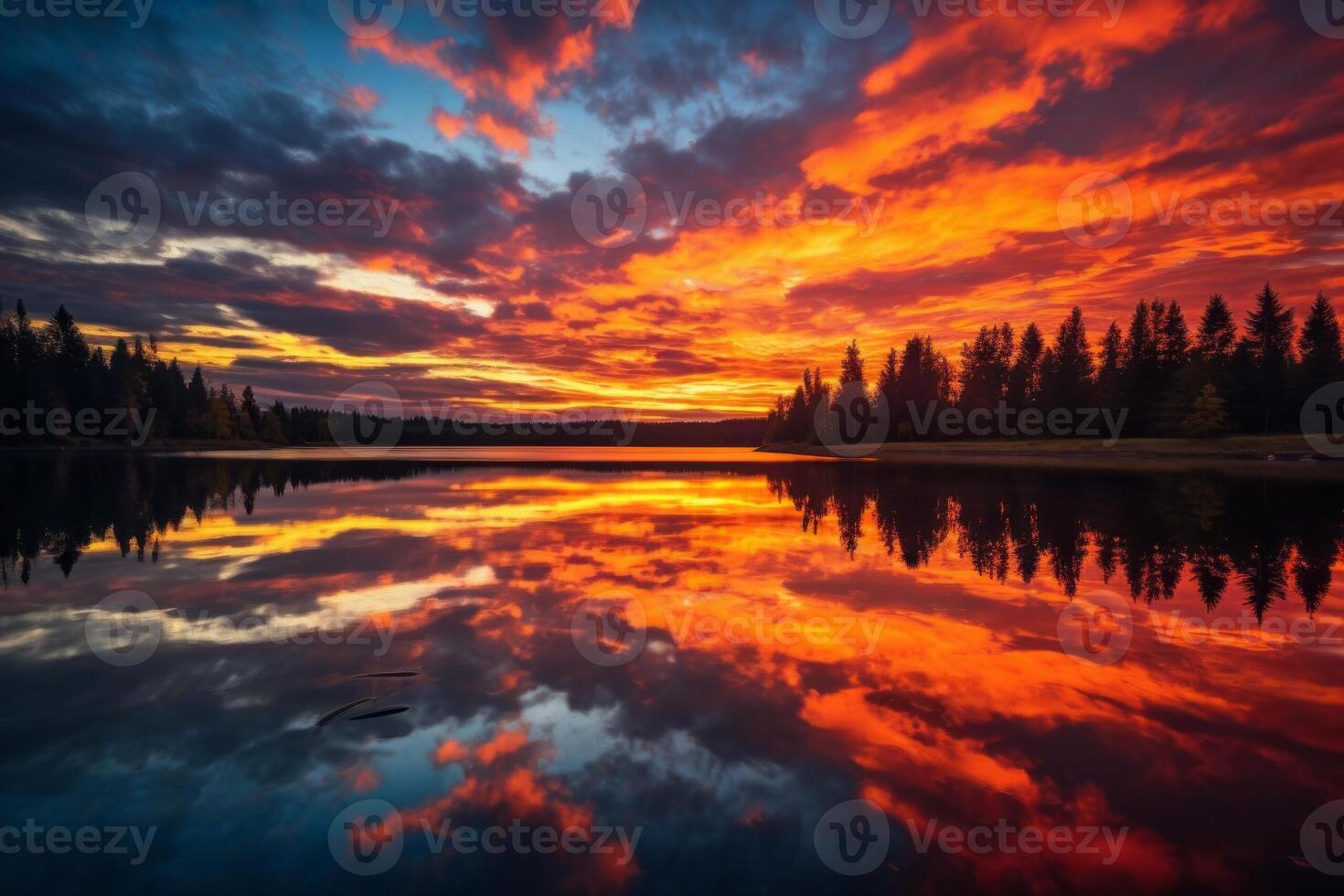 AI generated Stunning sunset reflecting on a tranquil lake with majestic trees in the backdrop. Generative AI photo