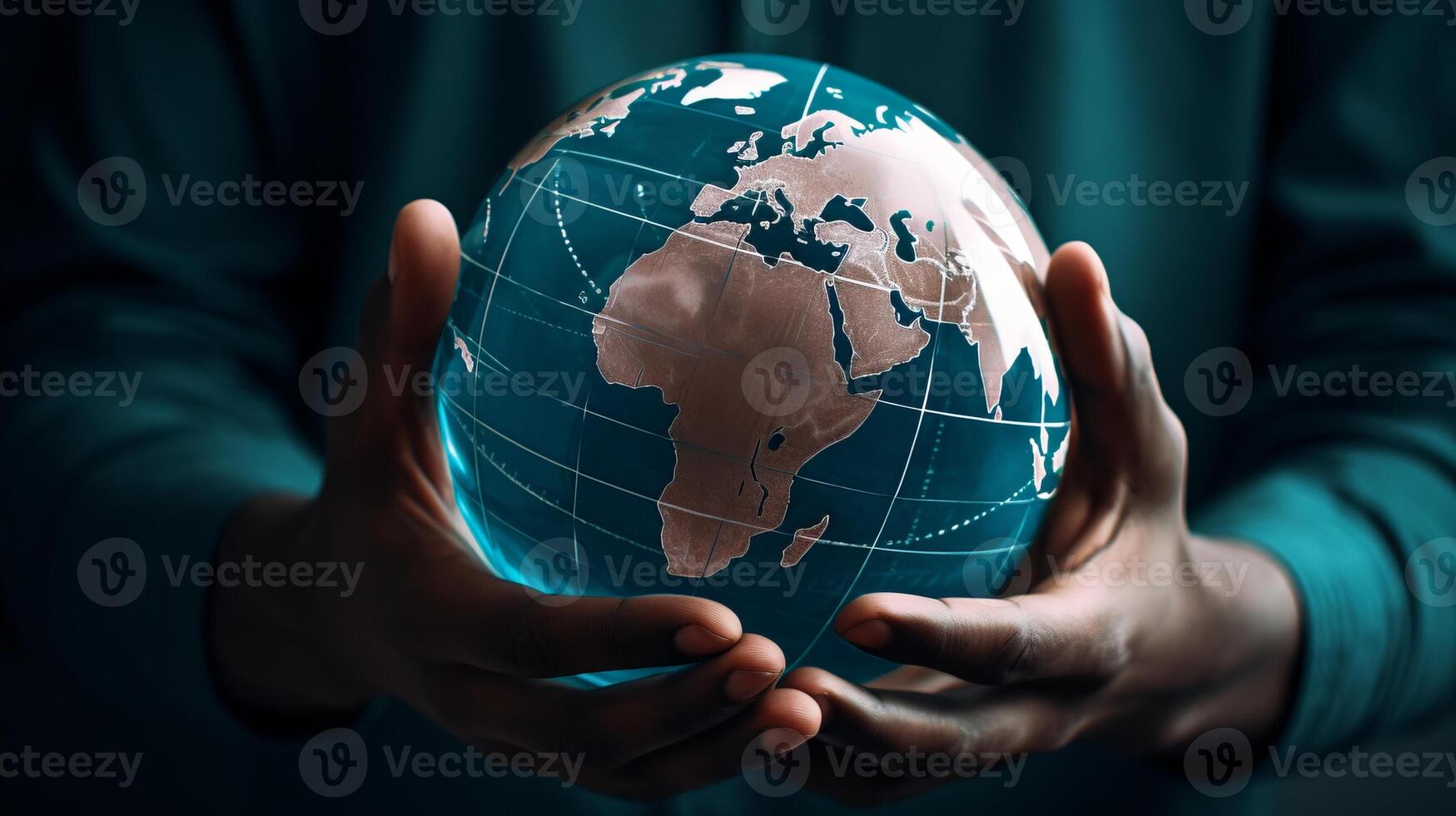 AI generated Close-up of a person's hand holding a globe. Generative AI photo