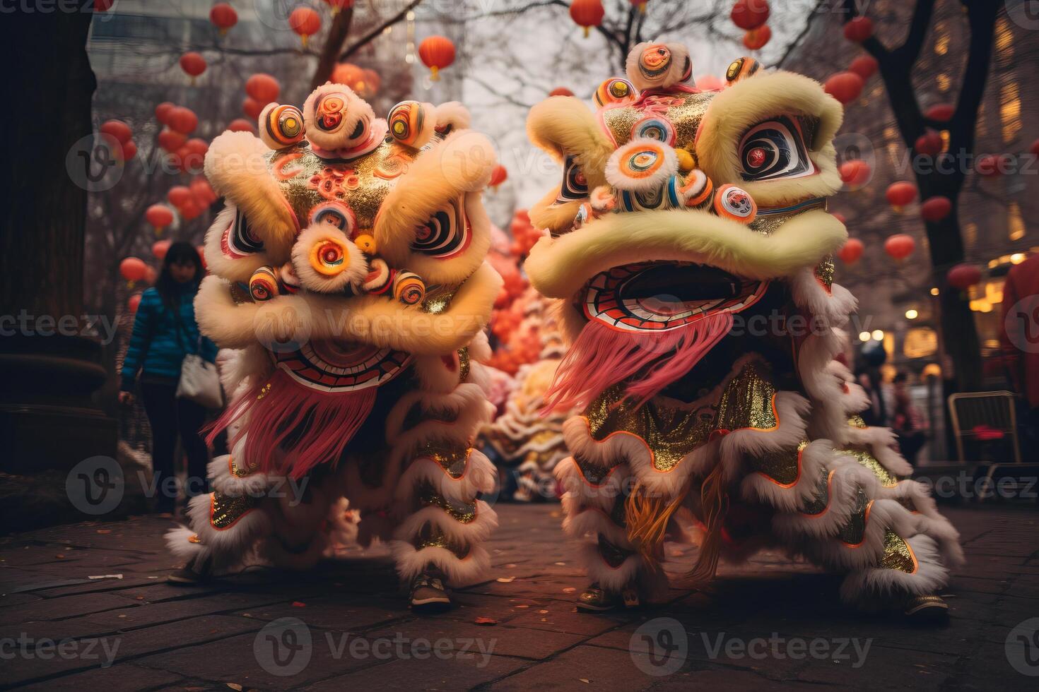 AI generated Lion dance performers wearing elaborate costumes. Generative AI photo