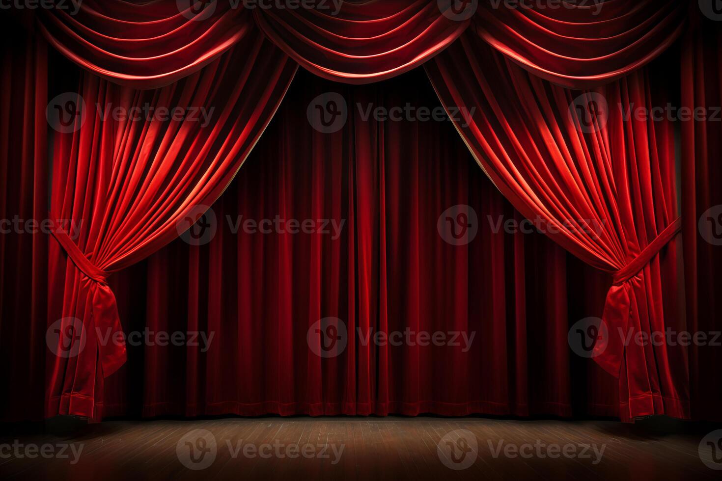 AI generated Red velvet cinema curtains opening for a premiere. Generative AI photo