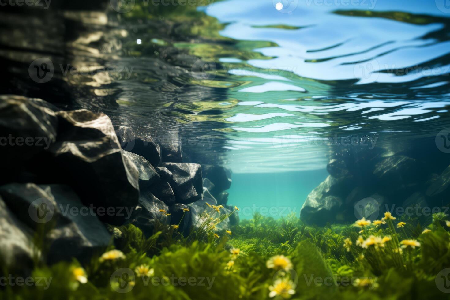 AI generated An underwater view of aquatic plants thriving in a clear pond, a testament to the benefits of effective water monitoring. Generative AI photo