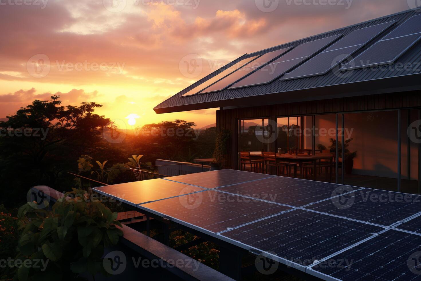AI generated Solar panels on a residential rooftop against a vibrant sunset. Generative AI photo