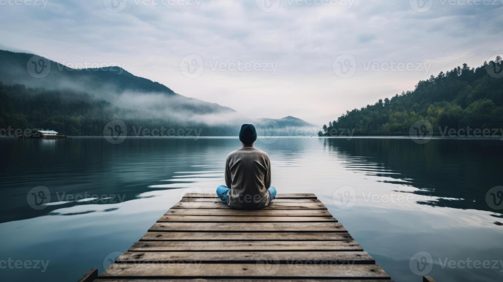 AI generated Person sitting on a dock, looking out at the calm waters. Generative AI photo