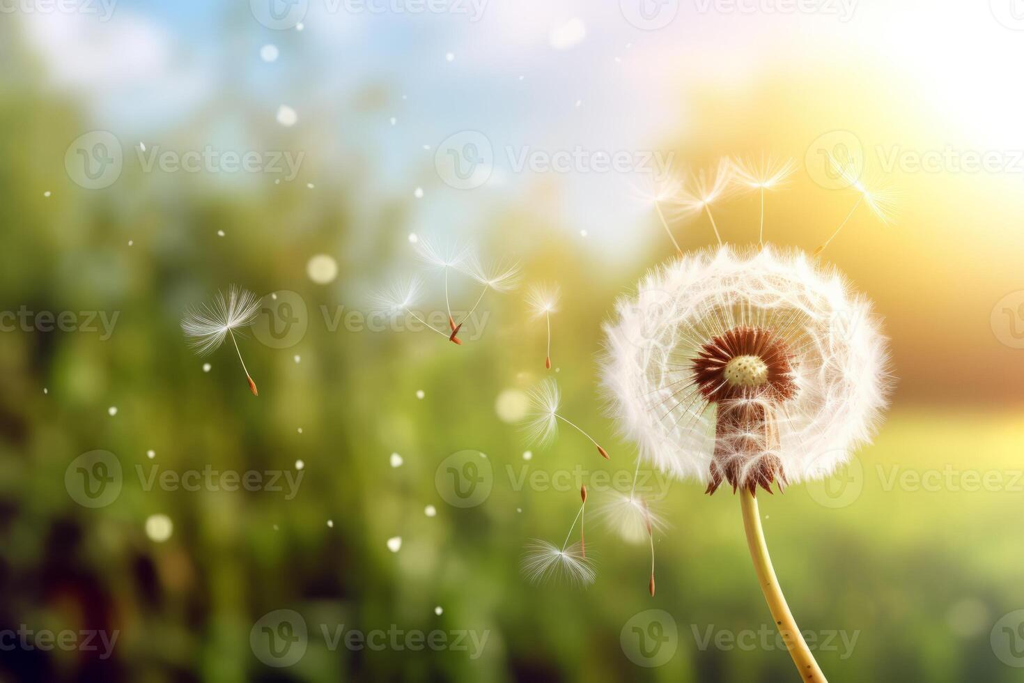 AI generated A close up of a dandelion releasing its seeds into the wind, symbolizing perseverance. Generative AI photo