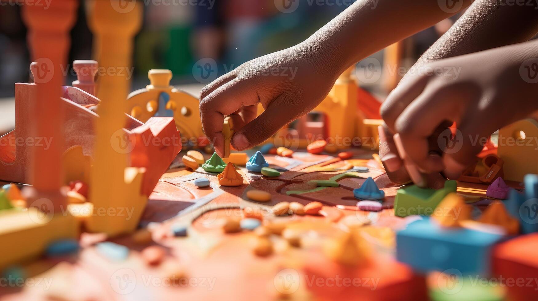 AI generated Close-up of hands building a playground in a disadvantaged neighborhood. Generative AI photo