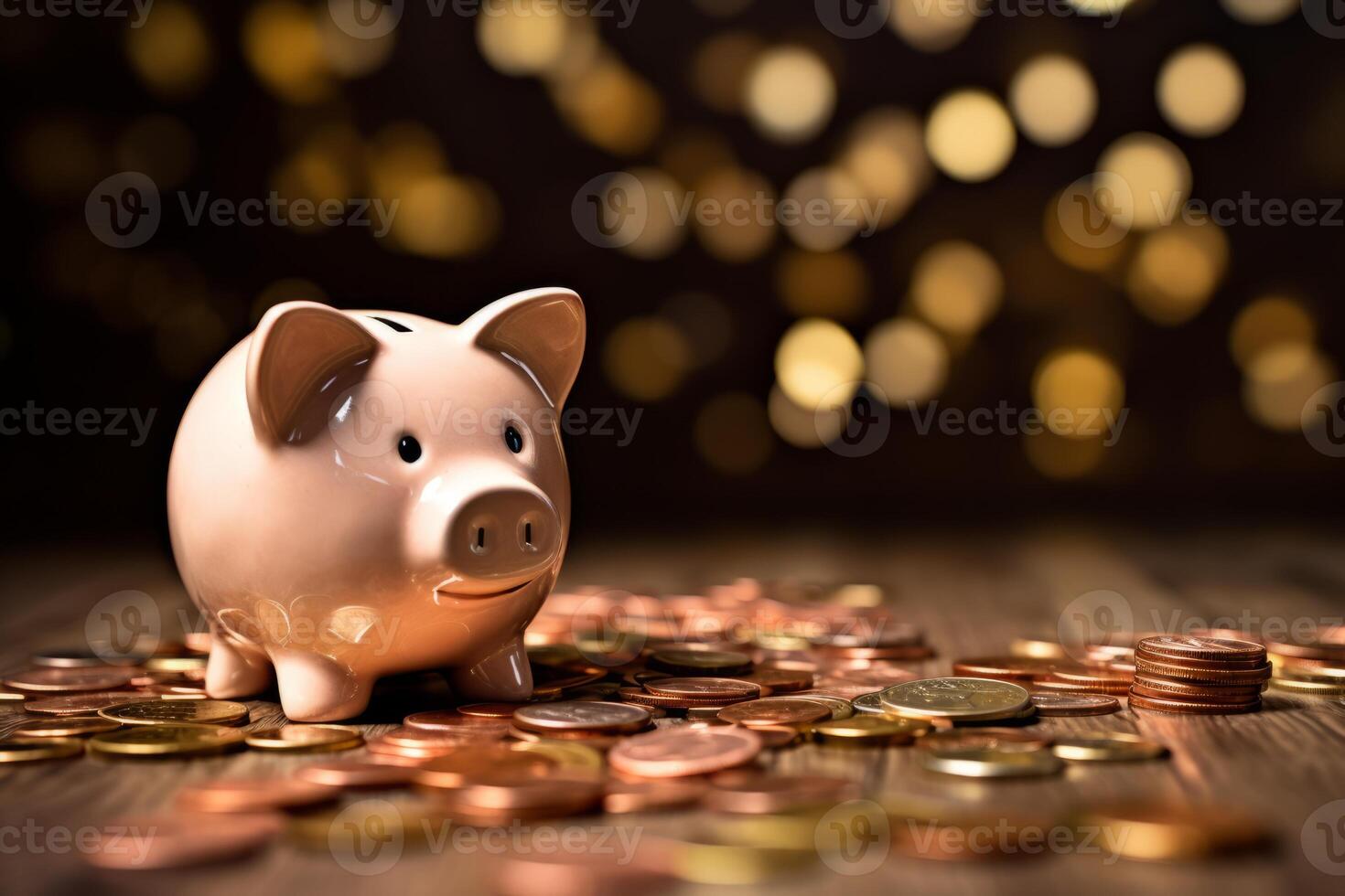 ai generado cerdito banco en un mesa con dispersado monedas generativo ai foto