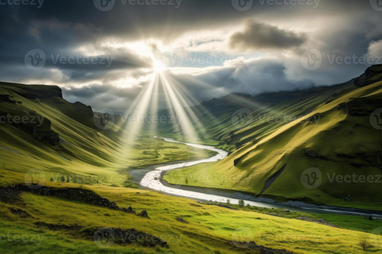 AI generated Sunbeams breaking through the clouds and illuminating a lush valley. Generative AI photo