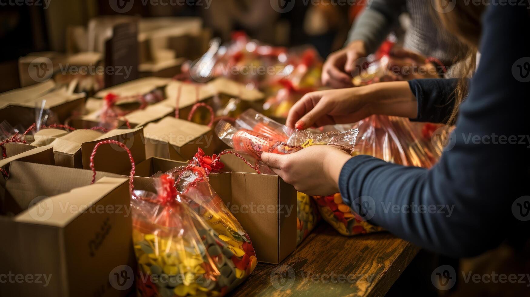 AI generated Close-up of hands assembling care packages. Generative AI photo